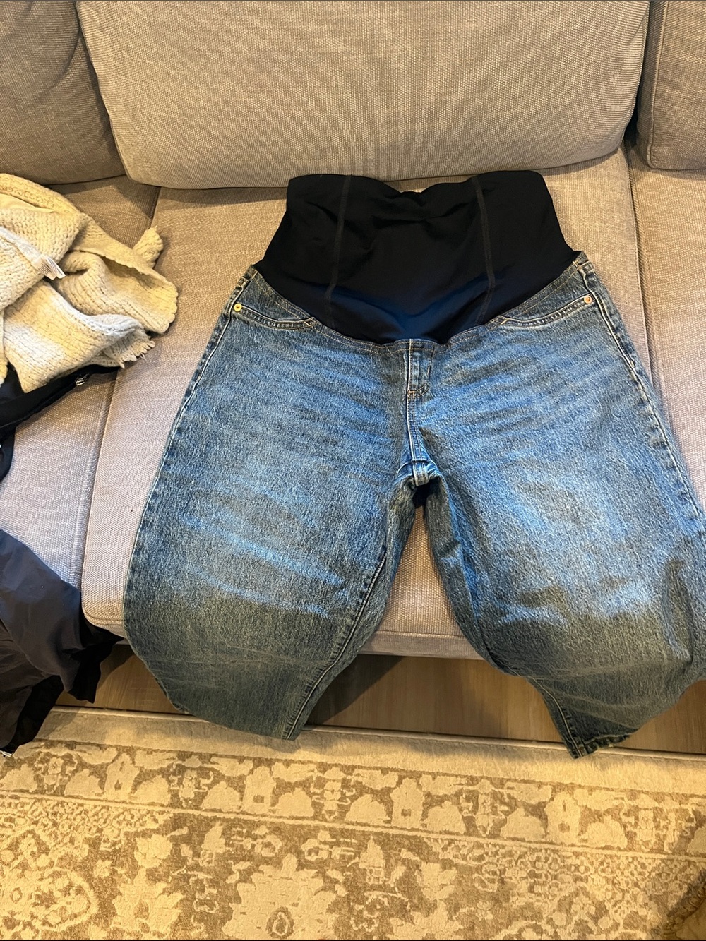 Vintage Boyfriend Maternity Jeans in Blue Denim with Black Panel
